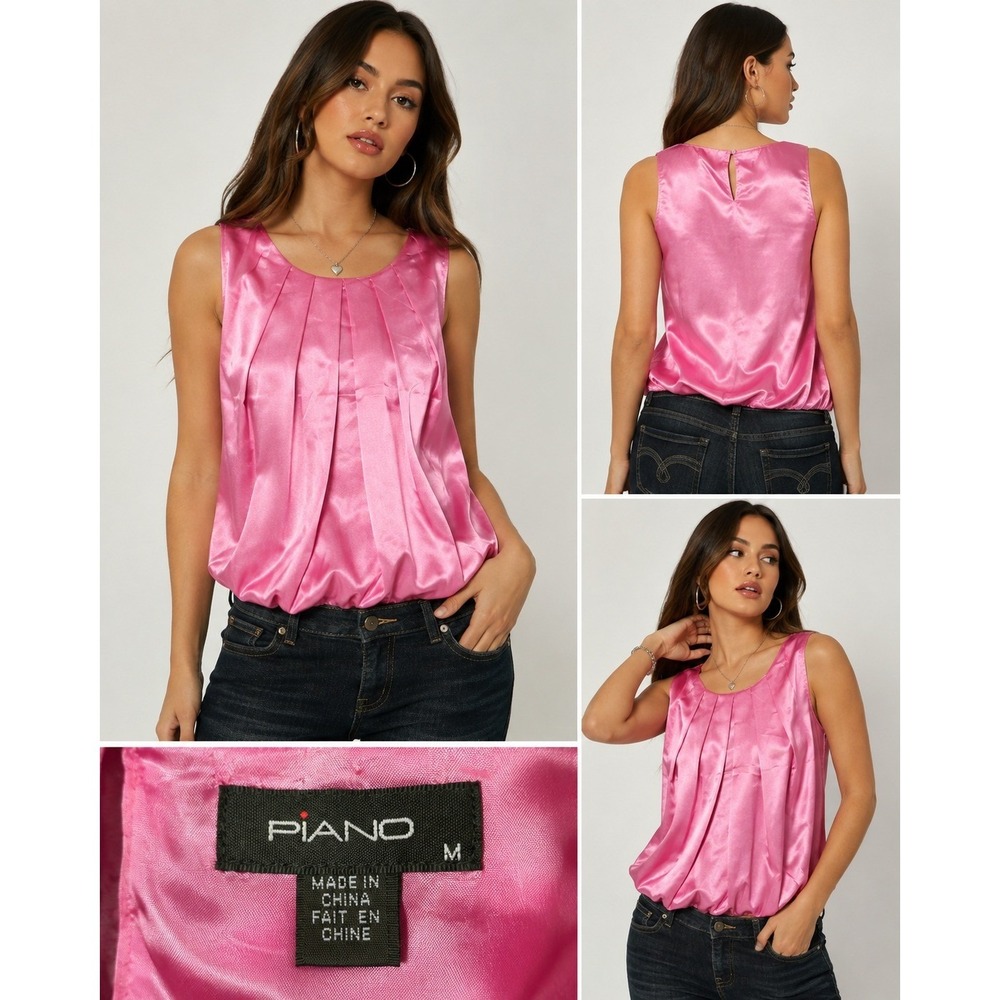 Piano Womens Pink Satin Pleated Sleeveless Blouse Bubble Hem Top Medium